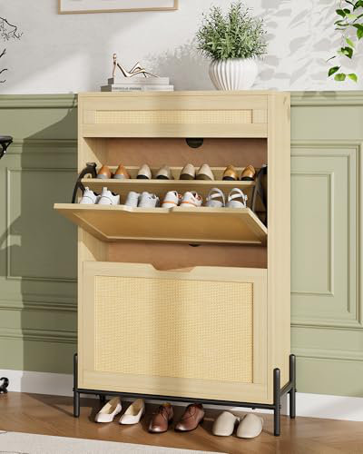 Range-chaussures en rotin avec 3 tiroirs et tablettes réglables, étagère à chaussures en bois mince à 3 niveaux, Brun