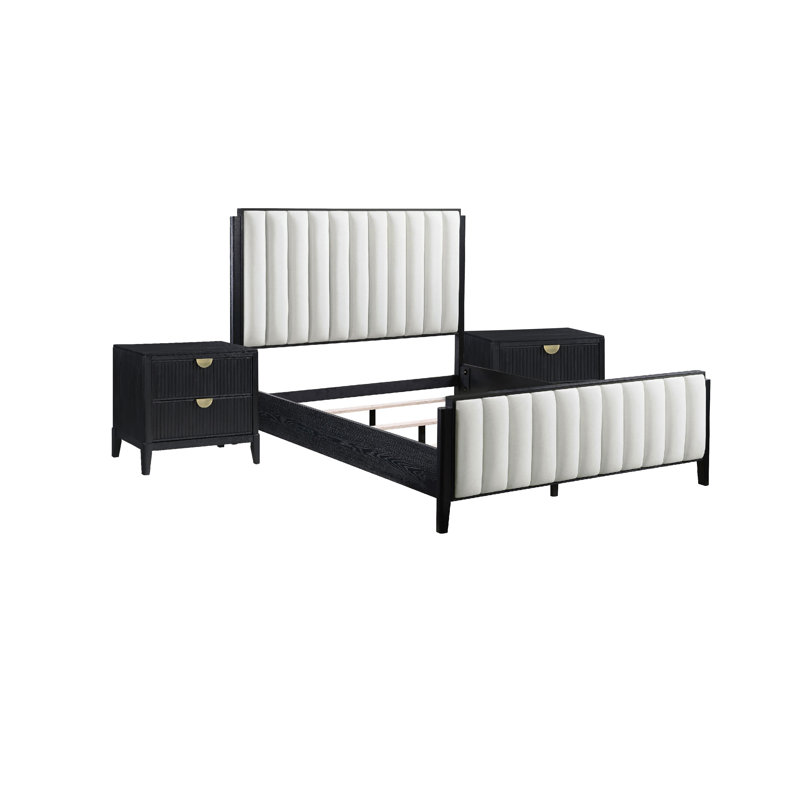 Ensemble de chambre pour très grand lit, tapissier, noir, ivoire, 3 pièces avec 2 tables de chevet