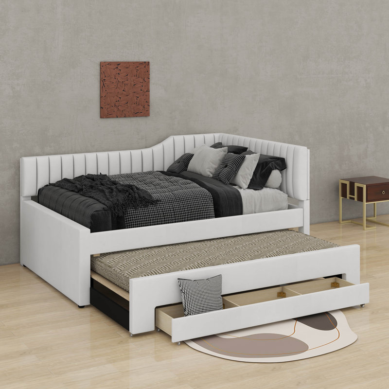 Lit de jour double rembourré avec lit gigogne et tiroirs, Beige
