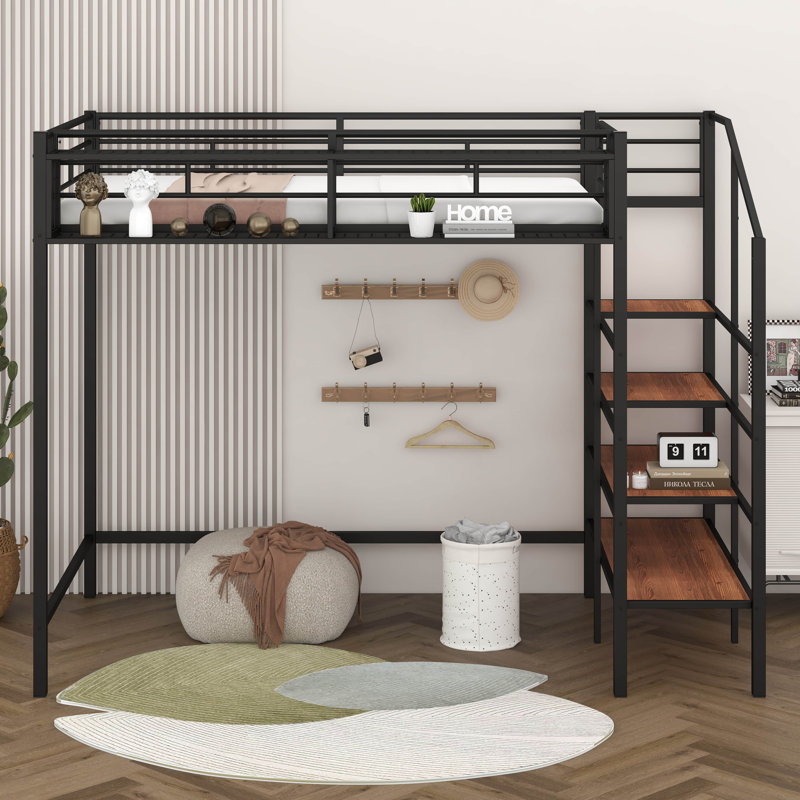 Twin Size Loft Bed With Stairs And Storage, Metal Loft Bed Frame With Upper Grid Storage Shelf And Lateral Storage Stairs