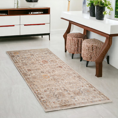 Tapis de couloir médaillon floral ivoire et brun 3 pi x 6 pi avec frange