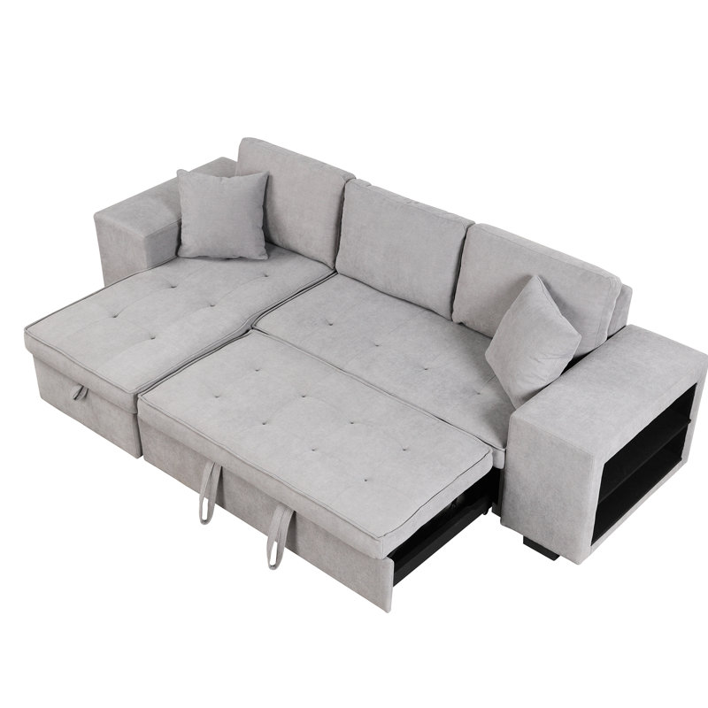 Canapé-lit d'angle réversible en forme de L de 104,5 po, méridienne de rangement et 2 tabourets, gris, fonction canapé-lit d'angle convertible, 104,5 po