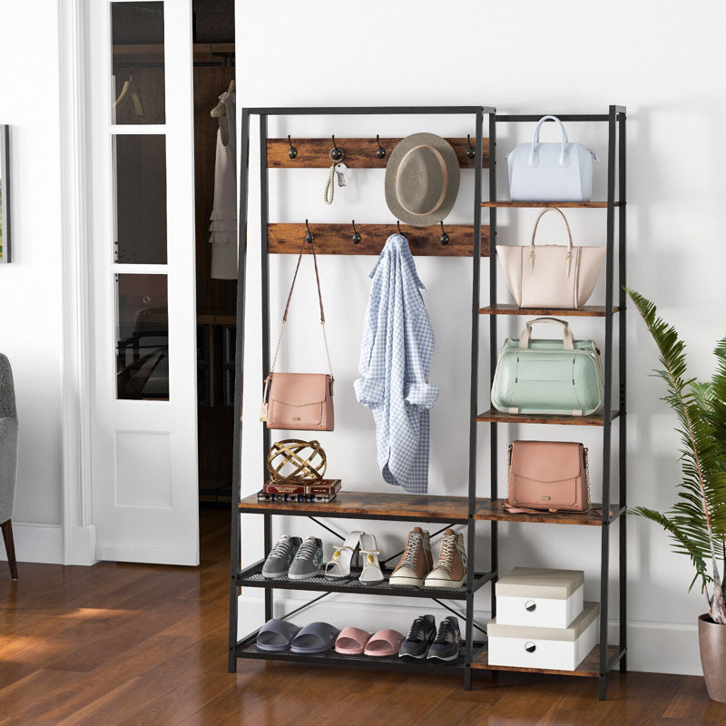 5-in-1 Entryway Hall Tree with Shoe Bench, 9 Hooks & Anti-Toppling Kit