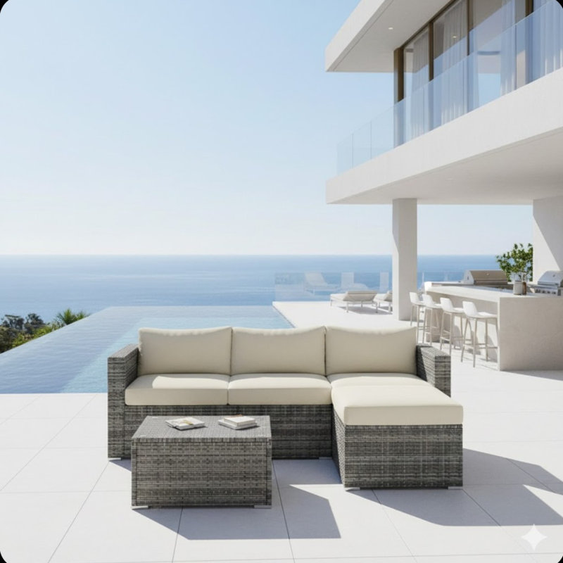 5-Piece All-Weather Wicker Patio Conversation Set With Beige Cushions And Glass Table, White