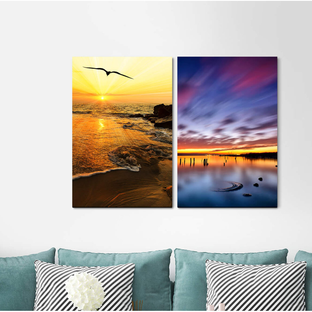 2-tlg. Leinwandbilder-Set - Fotografie „Seagull Bird Sea Surf Sunset Waves Horizon”