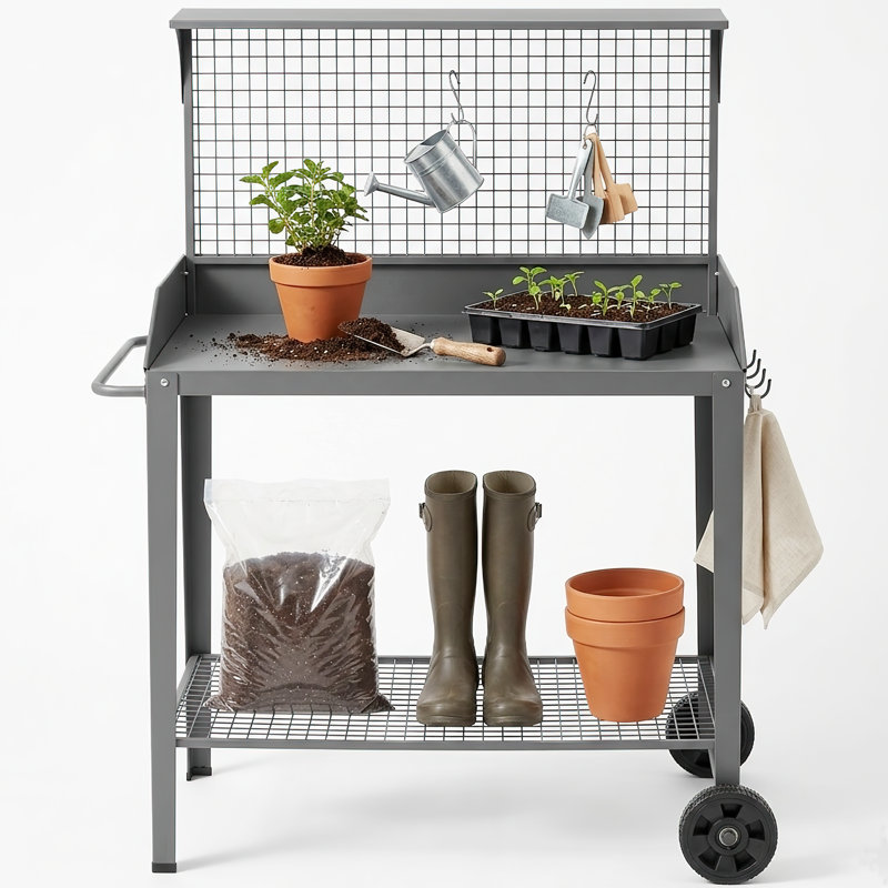 Banc de rempotage extérieur en métal avec roulettes et tablette de rangement, Light Green, 53" H