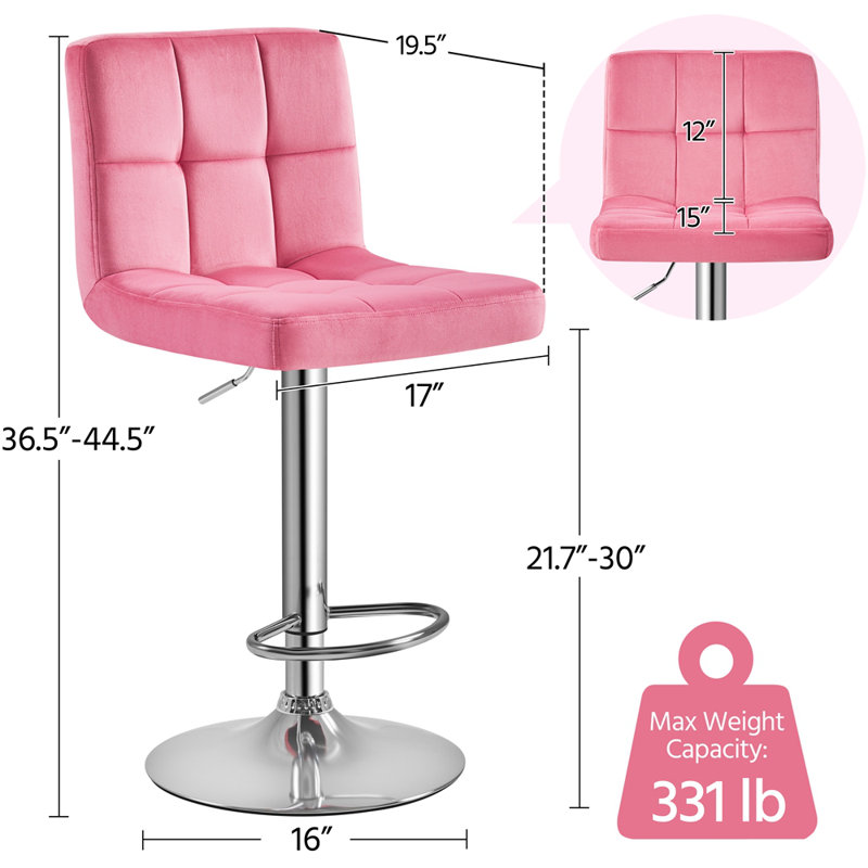 Swivel Upholstered Adjustable Bar Stool with Large Pedestal Base, Pink