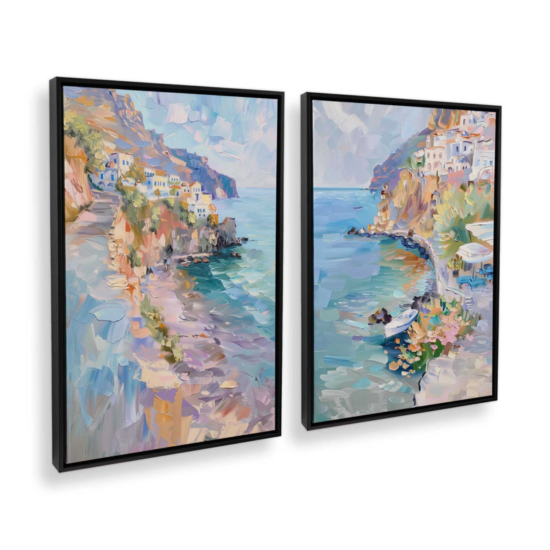 Ensemble de 2 impressions sur la côte pastel Amalfi, 12 po x 8 po, Cadre flottant noir satiné