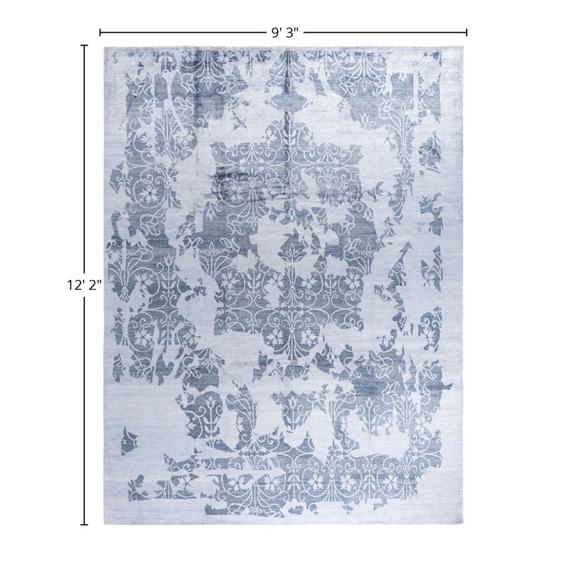 Ivory and Blue Hand-Knotted Silk Area Rug, 9' 3" x 12' 2"