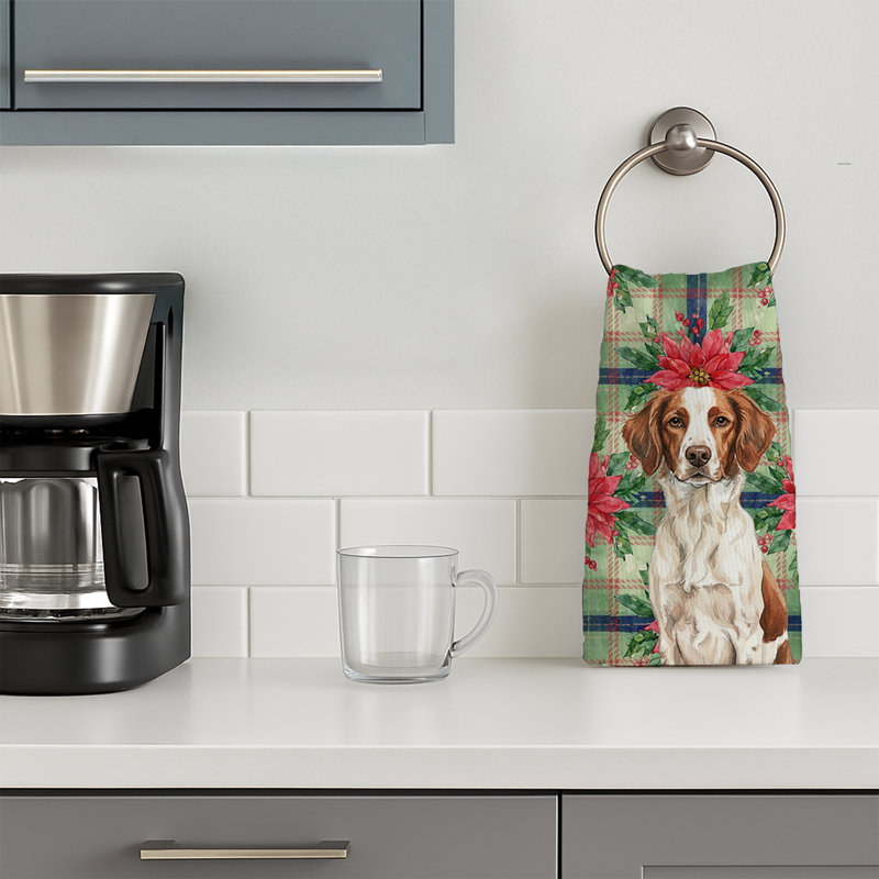 Liver and White Brittany Christmas PoinsettIas Kitchen Towel, Liver/White Brittany