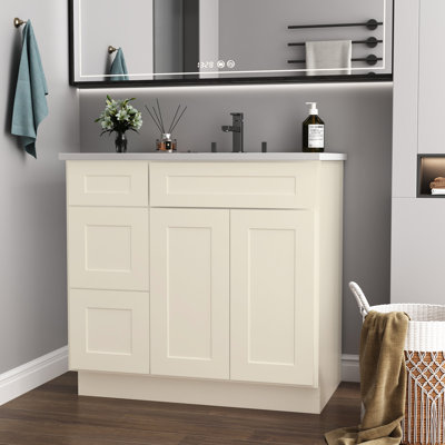Base de meuble-lavabo antique en contreplaqué blanc antique pour salle de bain. 36 po Largeur x 21 profondeur 34,5 hauteur. Fabriqué avec du contreplaqué résistant. Mécanisme de fermeture silencieuse. . Nettoyage simple. Bain polyvalent