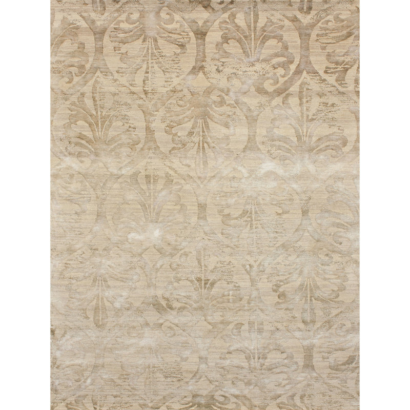 Hand Knotted Damask Area Rug in Green/Amber, Rectangle 8' x 10'