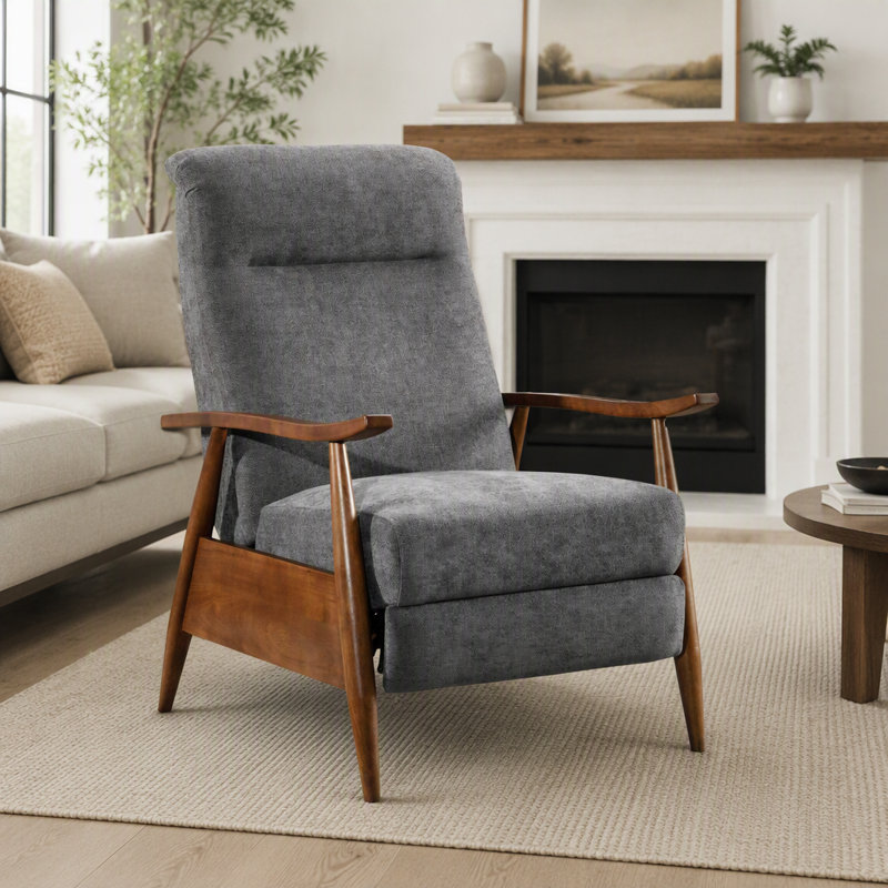Fauteuil inclinable Saugus avec accoudoirs en bois et dossier à bascule, couleur anthracite - Confort moderne avec tissu facile à nettoyer et inclinaison en 3 positions
