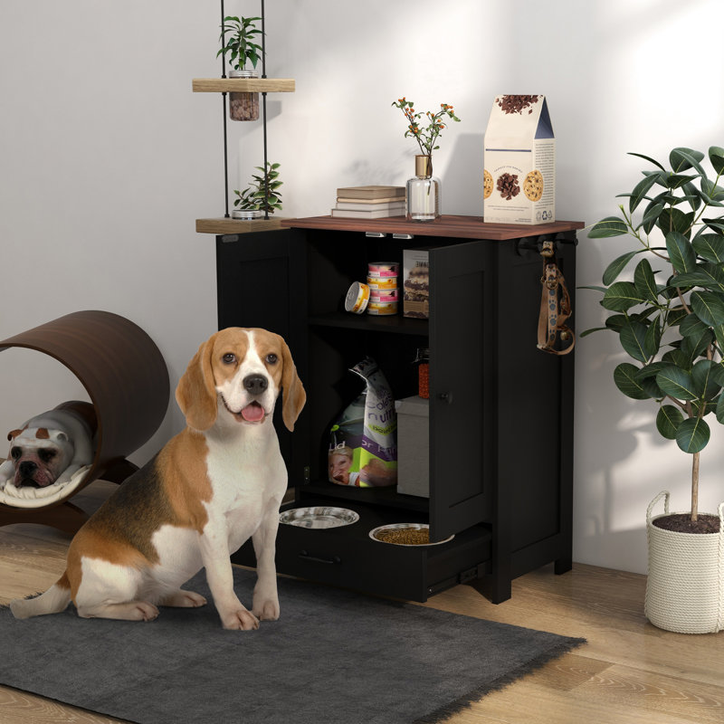 Rangement noir pour nourriture pour chien avec bols cachés, réglable pour les chiens de taille moyenne, panneau d'appareil d'alimentation à crochets, crochets