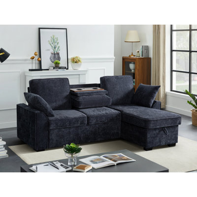 Finkle 85.5 Inch Upholstery Sleeper Sectional Sofa With Storage Chaise, Sleeper Sofa Bed With USB Port, 2 Cup Holders On Back Cushions