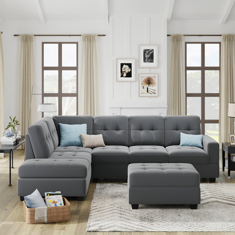 Canapé modulaire de 104 po de largeur avec méridienne réversible, canapé en L avec repose-pieds et porte-gobelets, canapé modulaire moderne