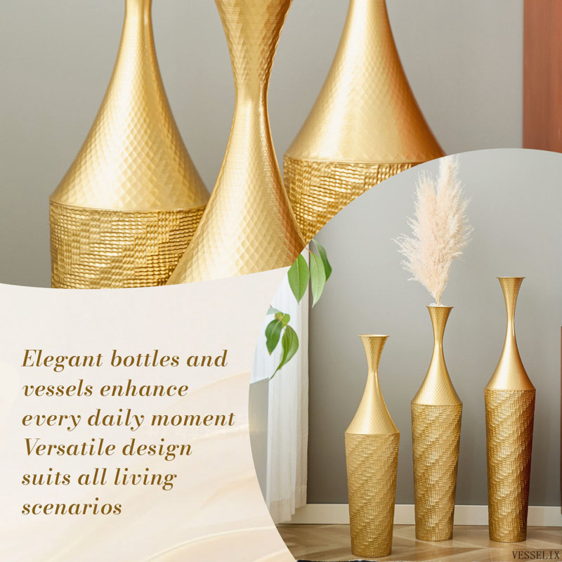 Ensemble de 3 vases de sol en fer doré, fabriqués à la main, de 35,43, 31,5 et 27,56 pouces de hauteur, style moderne texturé.