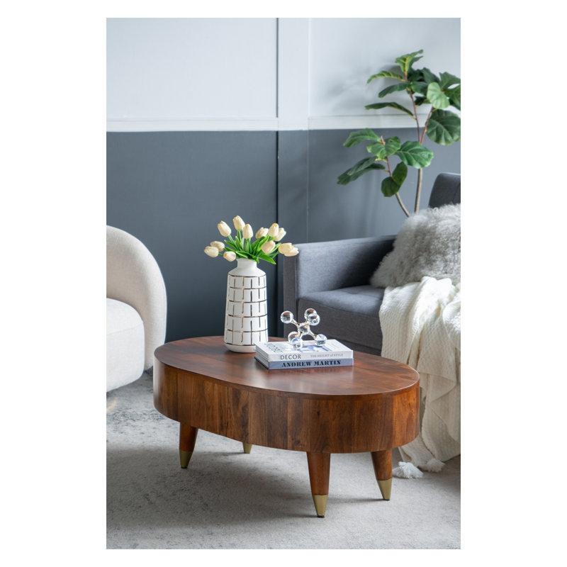 Table basse ovale en bois avec pieds en fer, L 39 po x l 24 po, bois de manguier et métal, brun