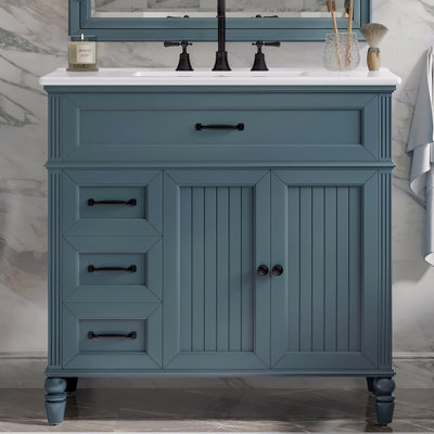 Meuble-lavabo 36 po avec lavabo, armoire de salle de bain bleue avec tiroirs, cadre solide et panneau en bois aggloméré