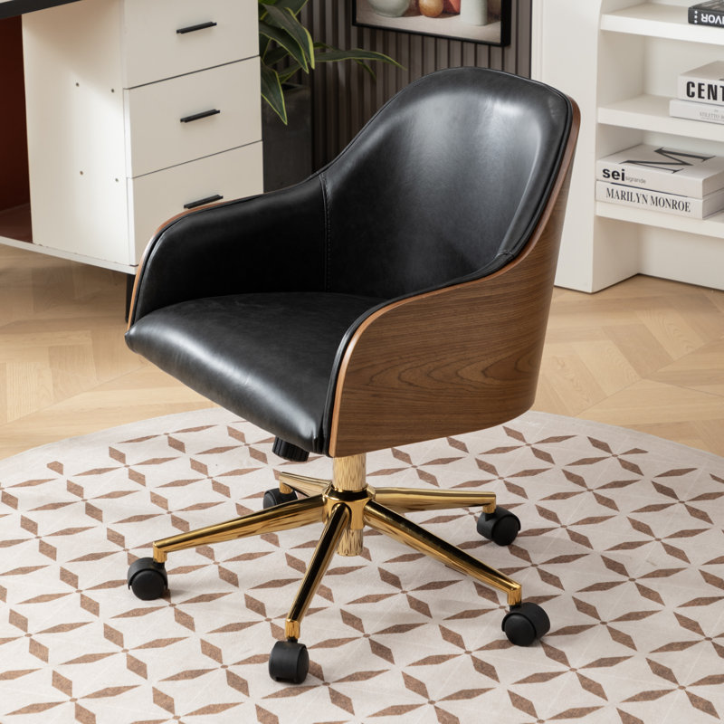 Chaise de bureau rembourrée en cuir véritable, Noir