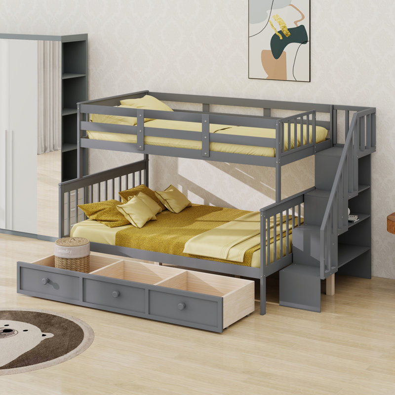 Stairway  Bunk Bed With Drawer, Storage And Guard Rail For Bedroom, Dorm, For Adults, Gray
