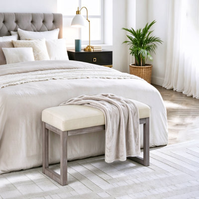 Banc repose-pieds rectangulaire de 27 pouces de large, repose-pieds en tissu d'aspect lin beige avec structure en bois massif, banc rembourré pour le salon, la chambre à coucher, le vestibule