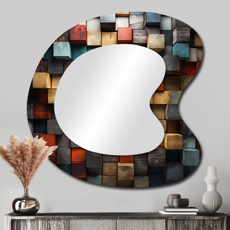 Fidelma Blue and red abstract cubes IV - Cubism Asymmetrical Wall Mirror, Modern Unique Shape Decorative Mirror, Printed Metal Art