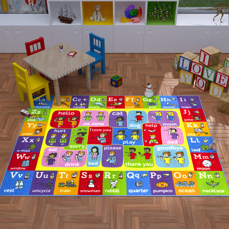 ABC Alphabet ASL Sign Language Learning Game Play Non Slip Kids Rug Carpet Classroom Playroom Mat, Rectangle 8'2" x 9'10"