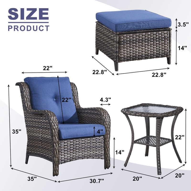 Schutt Wicker 2 - Person Patio Conversation Set with Cushions, Blue, Gray