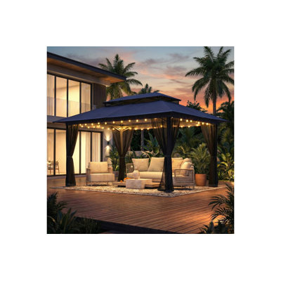Gazebo extérieur avec moustiquaire, toit double, structure métallique, auvent pour terrasse couverte, belvédère robuste pour jardin, terrasse et pelouse, bleu marine