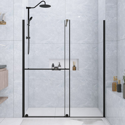 30 po -60 po L 72 po Paroi de douche H à porte coulissante double usage avec panneau de verre épais de 1/4 po noir mat | Barre de support | Poignée en acier inoxydable