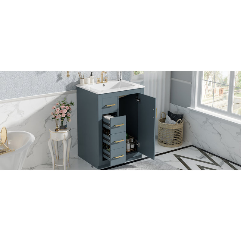 Meuble-lavabo 24 po avec lavabo en céramique intégré, 1 porte, 3 tiroirs, meuble-lavabo simple pour petite et moyenne salle de bain, bleu