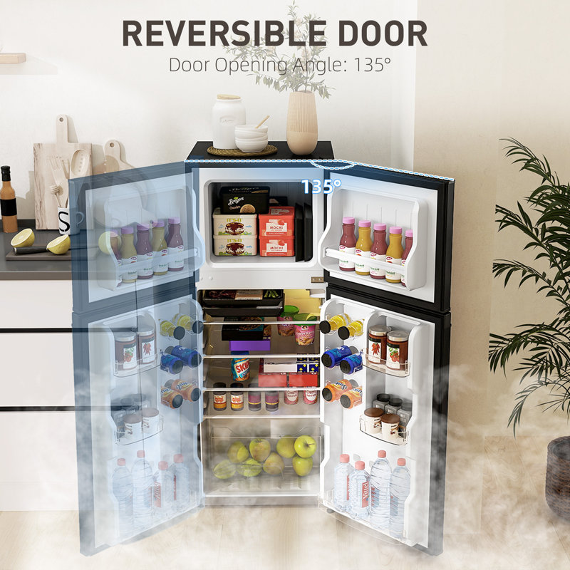 4 Cu.Ft Mini Fridge with Freezer, Double Door Compact Refrigerator with Adjustable Thermostat, Shelf and Reversible Door for Bedroom, Dorm, Home Office, Energy Efficient