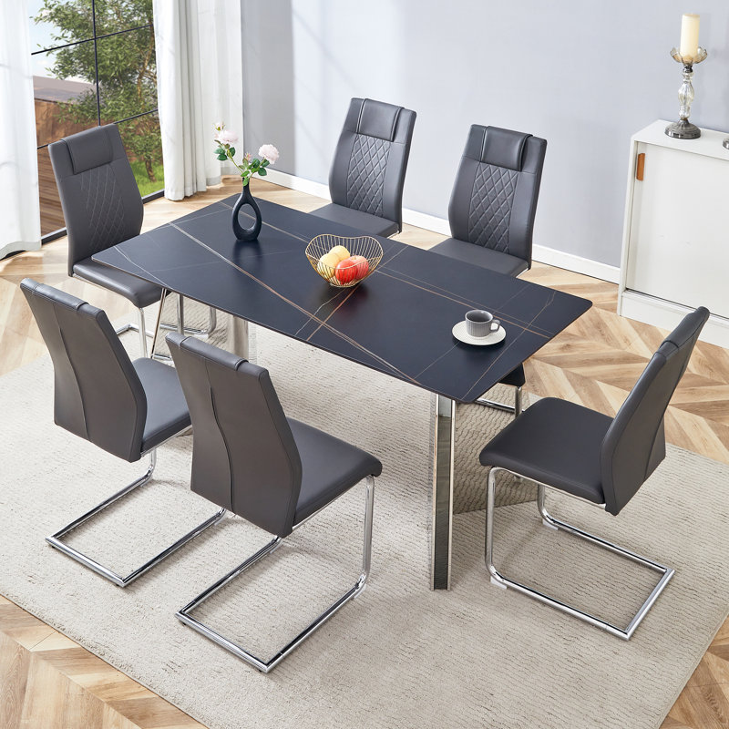  Ensemble de table de salle à manger 7 pièces à motif de marbre avec pieds papillon en acier inoxydable et chaises rembourrées en polyuréthane, gris