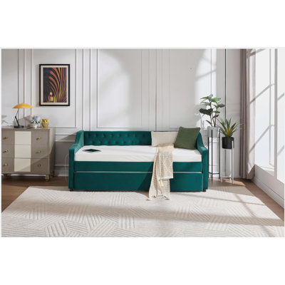 Twin Size Upholstered Daybed with Trundle,USB Port ,Side Pockets,Velvet Daybed with Button on Back and Piping on Waved Shape Arms for Bedroom Guest Room