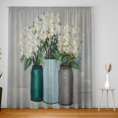 Hydrangea Flowers in Blue Vases - Blackout Curtains Pair
