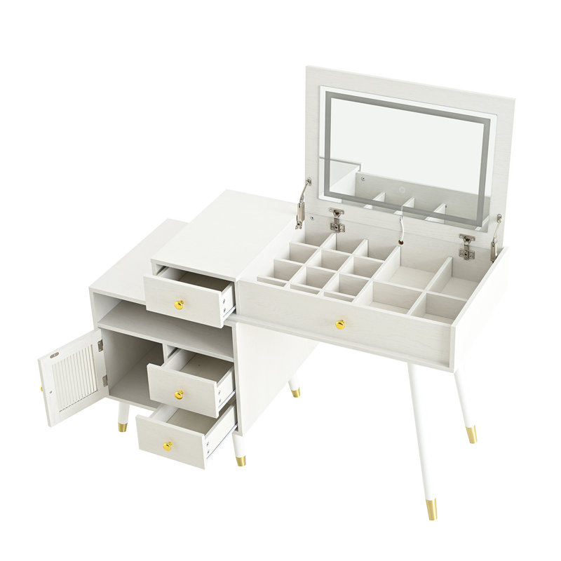 Versatile 3-in-1 Makeup Vanity Desk with Lighted Flip Mirror, Storage Stool & Adjustable Cabinet, White