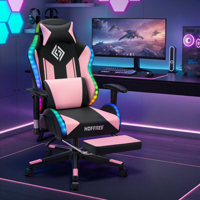 HOFFREE Fauteuil de jeu à DEL ergonomique en cuir et PVC avec repose-pieds et support lombaire