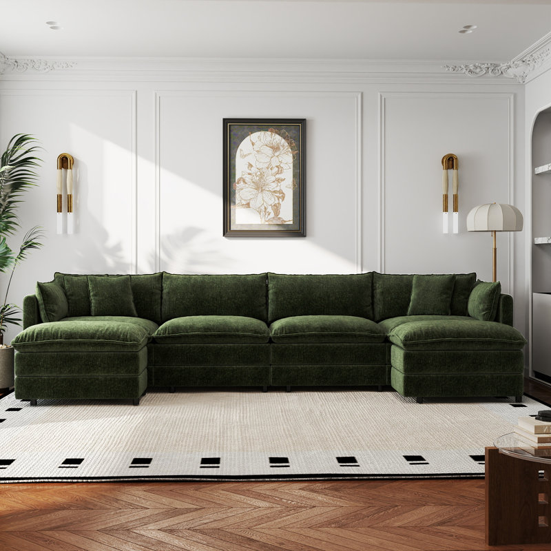 Canapé-lit en chenille moderne avec repose-pieds, H 33,85 po x l 147,22 po x P 35,82 po, Chenille verte