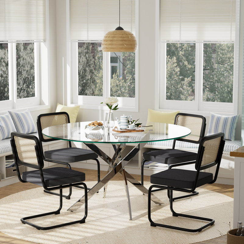 Ensemble de table de salle à manger à piédestal 5 pièces avec chaises rembourrées en rotin, H 29,5 po x L 47,2 po x l 47,2 po