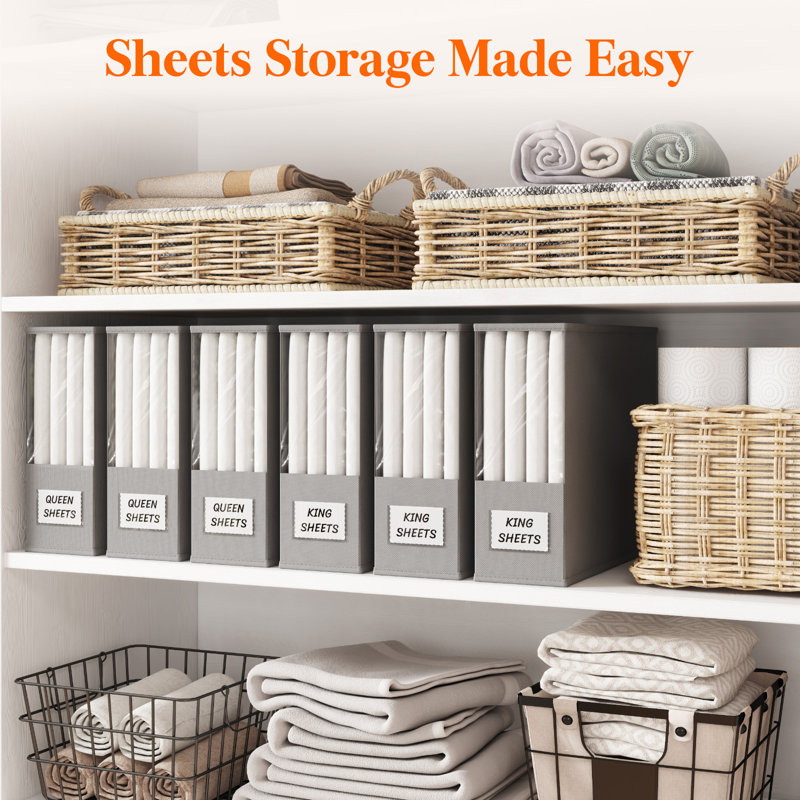 6 Pack Bed Sheet Organizer, Foldable Bedding Sheet Organizers And Storage With Large Clear Window And Label, Sheets Organizer For Linen Closet, Storage Box Bins With Lids For Duvet Cover Set
