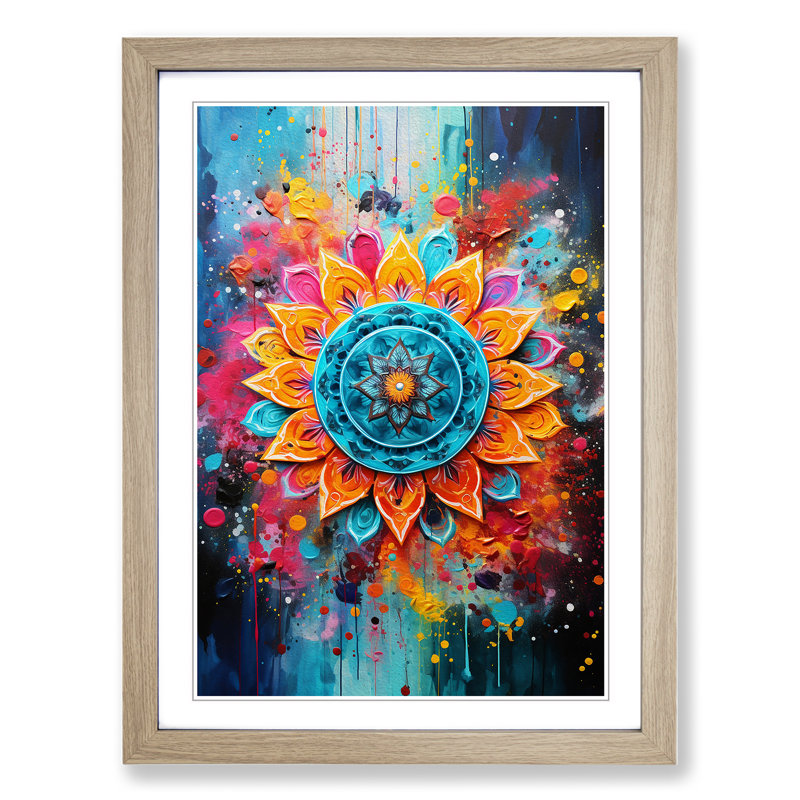 XYZ-FRM-V1223-4467 Mandala Gestural - Single Picture Frame Print on Wood, 46cm H x 34cm W x 2cm D, Oak 