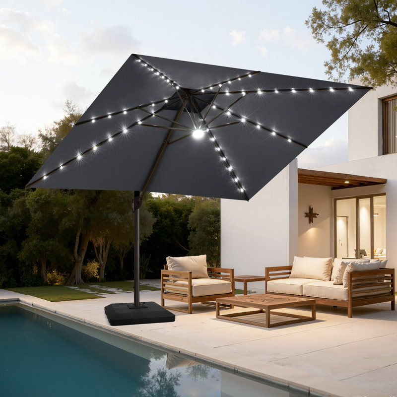 Parasol en porte-à-faux à DEL 11 pi x 11 pi pour terrasse, base contrepoids incluse, Gris foncé