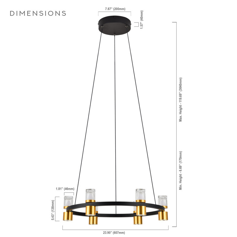 Black and Gold Adjustable LED Ring Chandelier with Crystal Shades