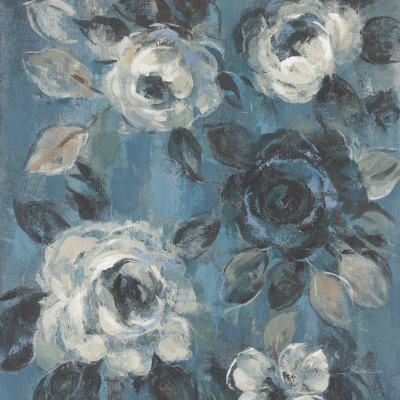 «Loose Flowers on Dusty Blue II» par Silvia Vassileva - peinture sur toile tendue, H 30 po x l 30 po