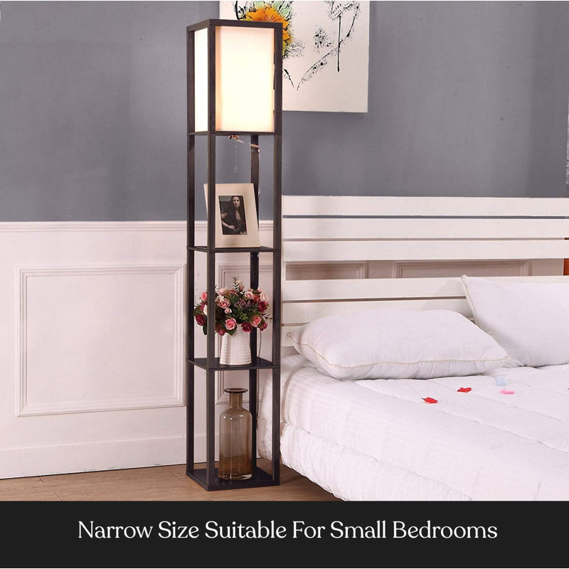 Classic Black Adjustable Wooden Shelf Floor Lamp with USB Ports
