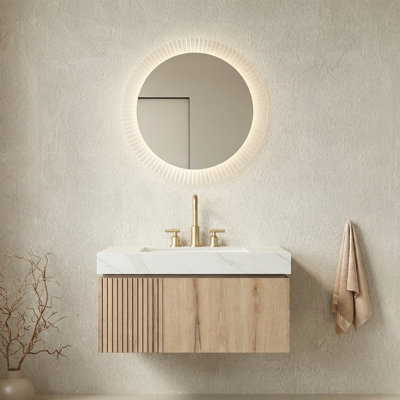 Meuble-lavabo de 36 pouces avec lavabo, base en contreplaqué flottant, comptoir en pierre frittée en travertin et lavabo en céramique, finition grain de chêne blanc