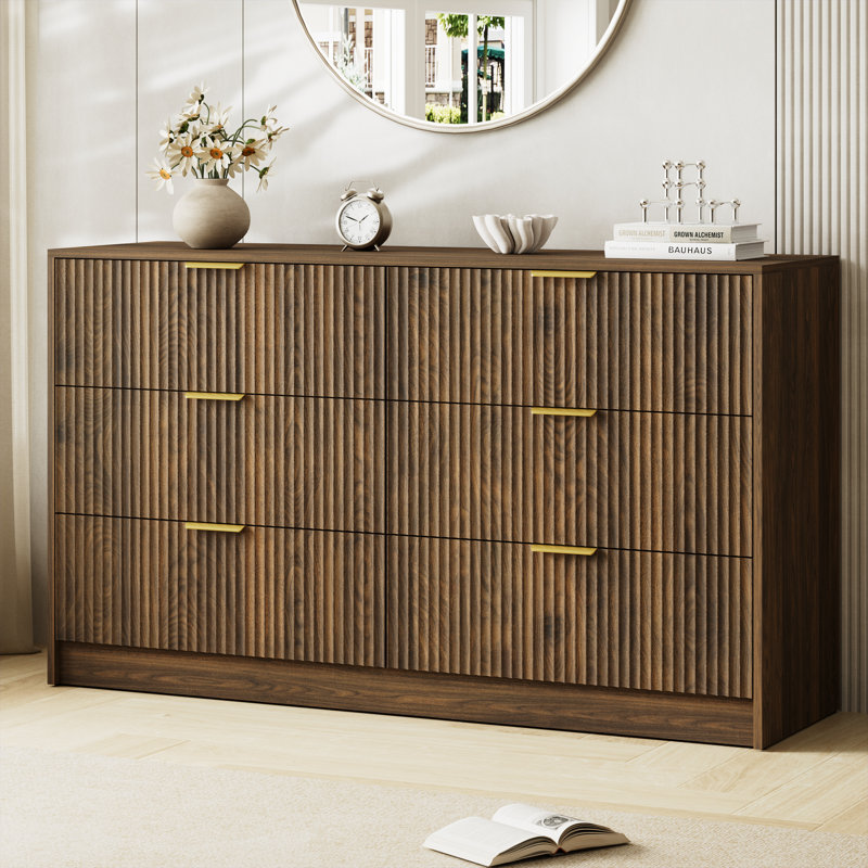 Fluted Dresser For Bedroom With 6 Drawers, 55.1" Wide Modern Chest Of Drawers With Metal Handle, Rustic Walnut
