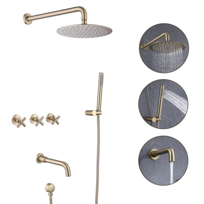 10" Round Shower System Set with Tub Spout, Wall Mount 3 Function Rain Shower Faucet Set with Rough-in Valve