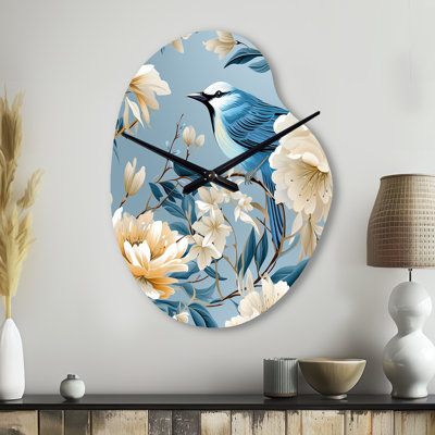 Oiseau blanc et bleu Floral Serenade IV - Horloges murales asymétriques florales en métal, horloge murale bleue